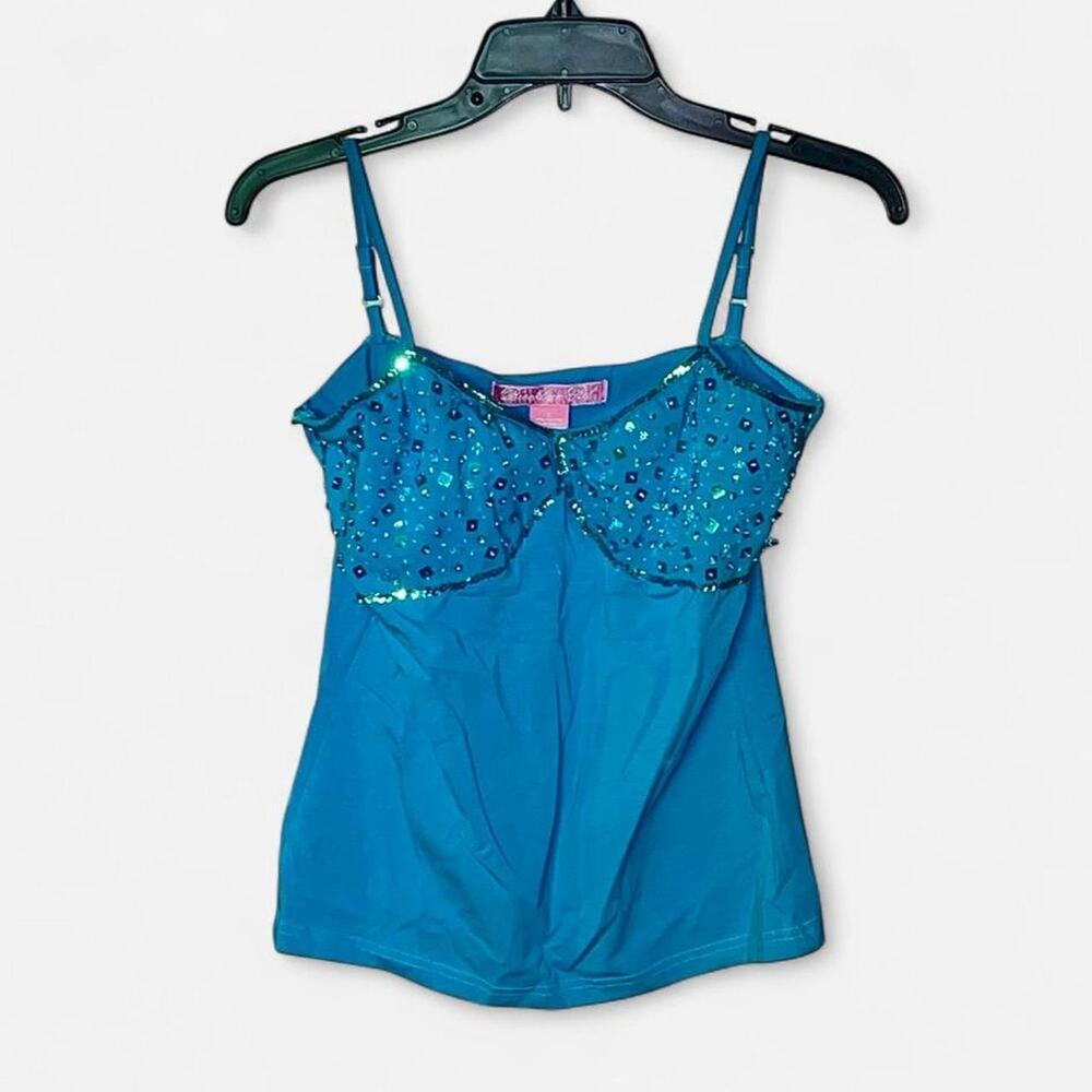 Brooklyn Girl Turquoise Blue Embellished Spaghetti Strap Tank Top - Size L